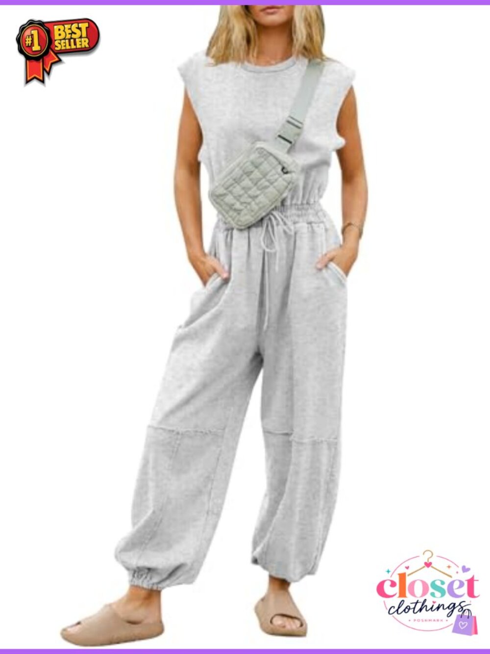 Womens Casual Jumpsuit Crewneck One Piece Outfit with Pockets